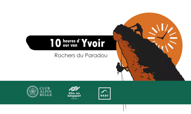 Twee klimmers beklimmen een steile rots tegen de achtergrond van een oranje klok. De tekst luidt: „10 heures d’Yvoir, Rochers du Paradou”, met onderaan de logo’s van de Club Alpin Belge, Klim- en bergsport en de NKBV.